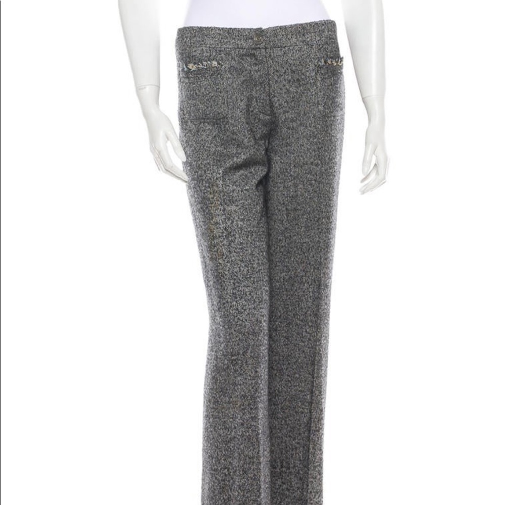 Black, blue, and beige Chanel tweed wide leg pants